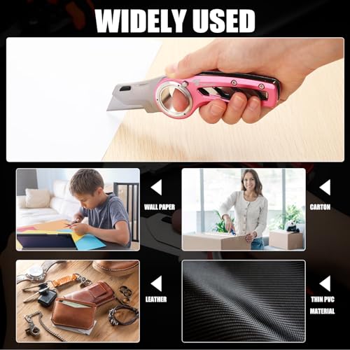 Image of Tondiamo 2 Pcs Folding Pocket Utility Knife Heavy Duty Box Cutter Folding Razor Knife with Anti Slip Finger Loop Easy Change Blades 3 Lock Positions Design (Pink)