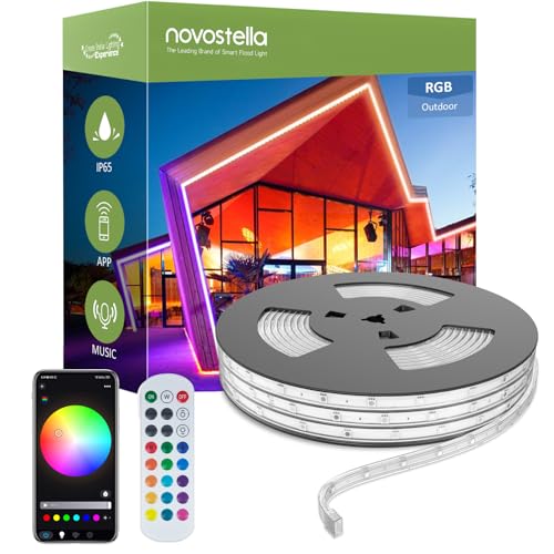 NOVOSTELLA Smart Outdoor Rope Light, 49.2ft Music Sync RGB LED Strip Lights, App Control and RF Remote Color Changing Dimmable Tape Exterior Lighting Kit, for Garden Decorative Stairs Party, 24V IP65