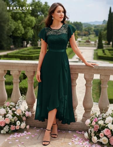 Image of BeryLove Formal Long Dresses for Women Wedding Guest Cocktail Bridesmaid | Airy Lace & Chiffon Evening Gown, Flutter Sleeve, Ideal for Mother of the Bride, Prom, Homecoming Party & Semi-Foraml Events