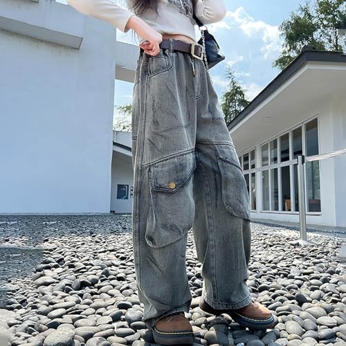 Kids Girls Jeans Distressed Star Applique Elastic Waist Baggy Wide Leg Denim Pants Y2k Streetwear Pockets Trousers3