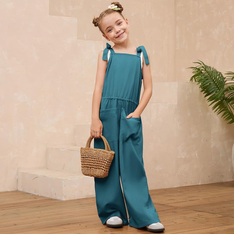 Mirawise Girls Romper Tie Strap Jumpsuit Kids Sleeveless Outfits Overalls Wide leg Elastic Clothes Long Pants with Pockets - Image 4
