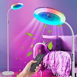 Floor Fan with RGB Lights and Remote, 3 Speeds Standing Floor Lamps with Button, White Vertical LED Fan, 3000K-6500K Stepless Dimming for Office Kid Room Bedroom, Adjustable Height