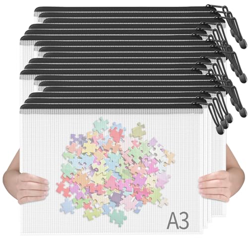 SUNEE 18pcs Plastic Mesh Zipper Pouch, A3, Extra Large, 16x11 in, Water-Resistant Zip Bag for School Office Supplies, Puzzles & Games Organizing Storage (Black, 18 Pack)