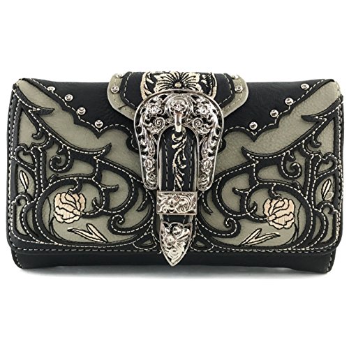 Justin West Concealed Carry Silver Buckle Embroidered Flower Vine Leaf Handbag