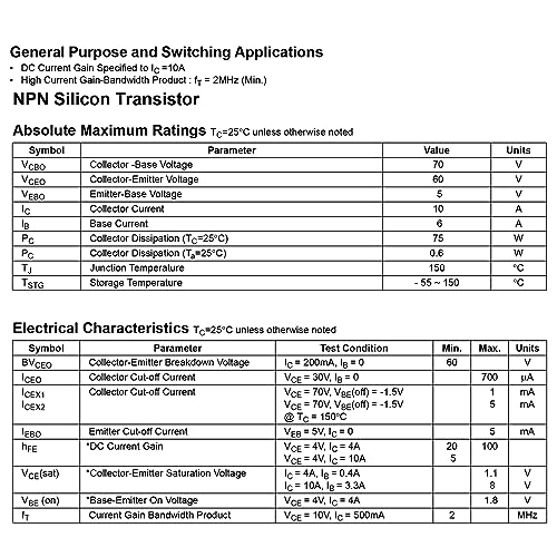 Image of MJE3055T MJE3055 NPN Complementary Silicon Power Transistor 10A 60V (Pack of 10pcs)