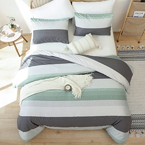 Janzaa Queen Comforter Set Sage Green Comforter Soft Microfiber Queen Bed Set 3 Piece Striped Comforter Set With 2 Pillow Cases Lightweight Fluffy Bedding Down Alternative For All Season #TOP1