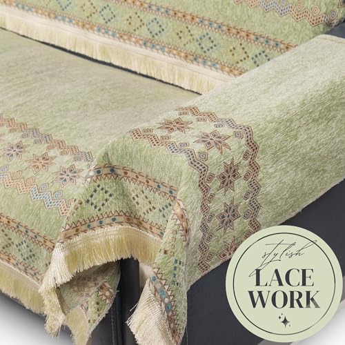 Image of Elegant Woven Green Sofa Cover Soft Chenille Traditional Pattern with Lace Style | L-Shape Sectional Seat Protector for Living Room | Durable & Stylish Slipcover 5 Seater with Arms