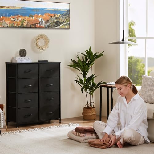 Image of OLIXIS 8 Drawer Dresser for Bedroom, Wide Fabric Storage Tower with Wooden Top and Metal Frame, Closet Chest Organizer Furniture, Living Room Hallway, Black