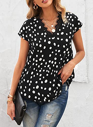 Dokotoo Women Ladies Casual V Neck Polka Dots Lace Short Sleeve Summer Blouse Shirts Tees Tops Black L #TOP2