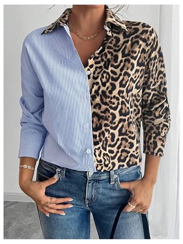 Women's Colorblock Striped Leopard Shirt Button Down Cheetah Shirt Long Sleeve Drop Shoulder Blouse3