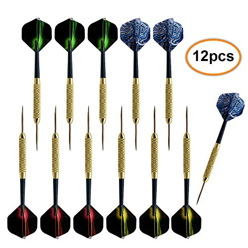 Gaoni 12 Dardos Punta de Acero, Dardos Diana De Profesionales con Vuelos de Dardos, Eje de PC, Tubo de Dardos Chapado en Cobre, Punta de Acero -19 Gramos