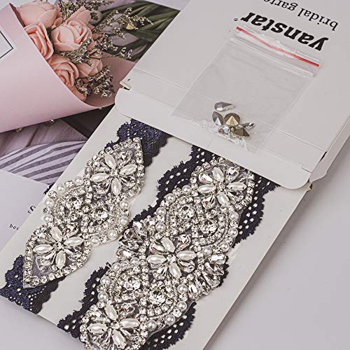 yanstar Wedding Bridal Garter Navy Stretch Lace Bridal Garter Sets With Silver Rhinestones Clear Crystal Pearl For Wedding - Thumbnail 7
