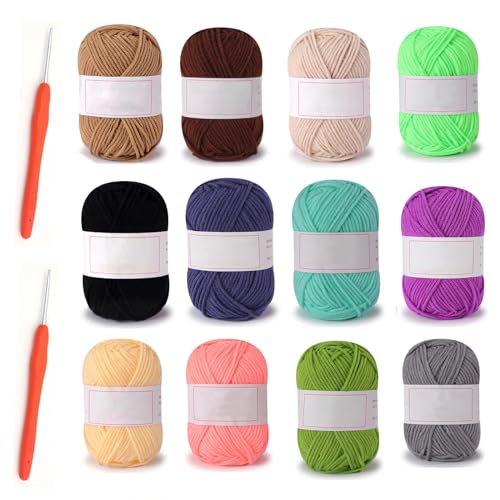 Crochet Kit for Beginners,12 Multicolor Knitting Match 2 Crochet Kit, Easy-to-See Stitches, Chunky Thick Bulky Cotton Soft Yarn for Crocheting (12x25g)
