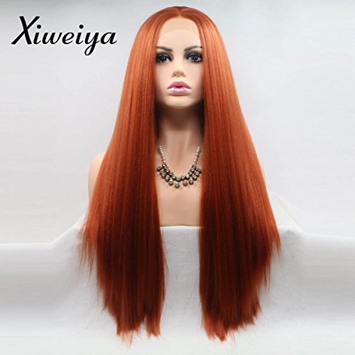 Xiweiya - Peluca de pelo largo y recto de cobre rojo Yaki sintético rojo yaki con encaje frontal de fibra resistente al calor para mujeres Drag Queen 24 pulgadas