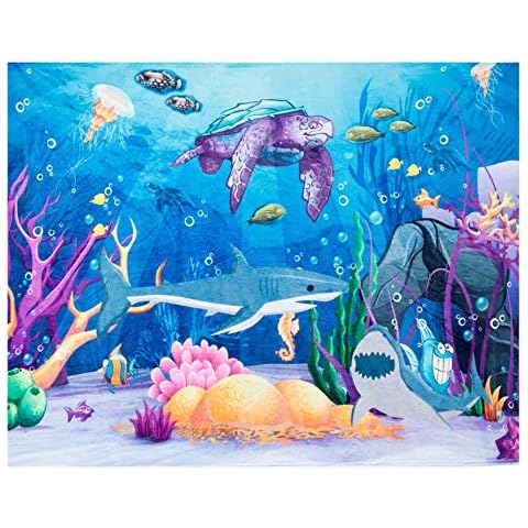 Ocean Themed Shark Throw Blanket, Adorable Extra-Large Ocean Beach Blanket for Boys and Girls, Fleece Ocean Blanket with Sharks Turtles and Fish (50in x 60in) Boys Throw for Bed, Couch, Beach, Sofa Cover