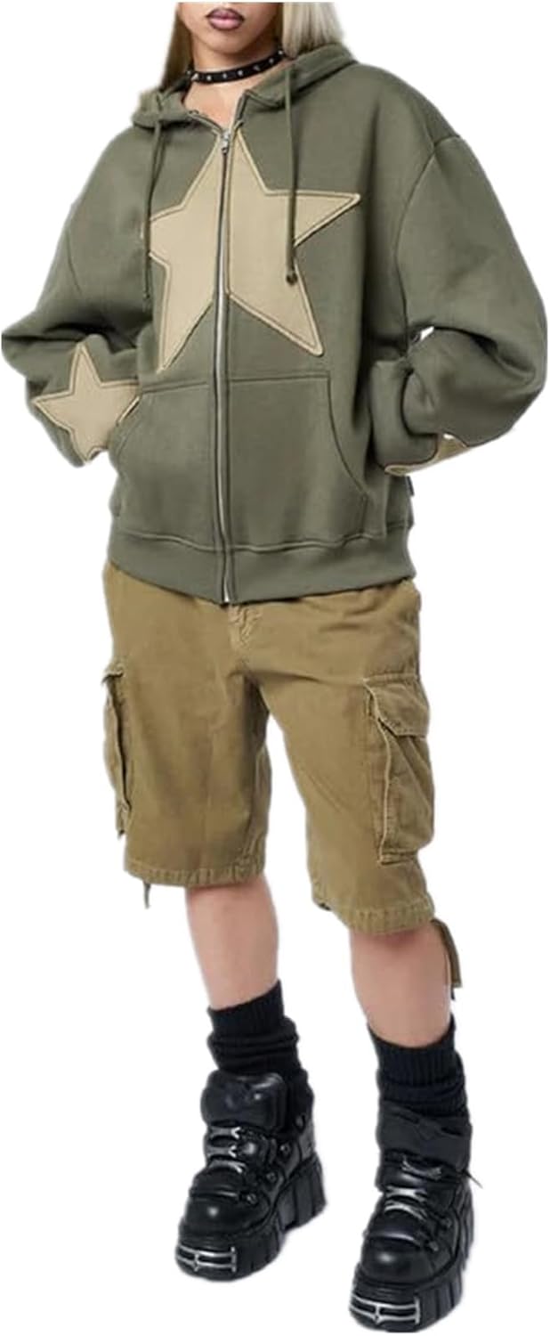 Karwuiio Women Y2k Zip Up Hoodies Star Graphic Long Sleeve Jackets Hip Hop Harajuku Oversized Hooded Sweatshirt - Image 5