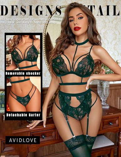 Image of Avidlove Lace Garter Lingerie Set with Removable Choker Teddy Babydoll Strappy Bra and Panty Set (No Stockings)