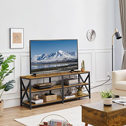 Yaheetech Industrial 63 Inch Tv Stand With Power Outlet For Up To 75 Inches Tvs, Media Entertainment Center With Charging Station For Living Room, Large Tv Table With 3-Tier Open Shelves, Rustic Brown #TOP1