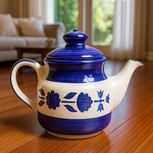 Image of Saras aajeevika Khurja Pottery Handmade Ceramic Round Tea Pot-500ml|Prefect for Serving Hot Soups Herbal Coffee Milk Teapot Sauce Boat Daily Use Home Kitchen Dining Table Decor Return Gift Items
