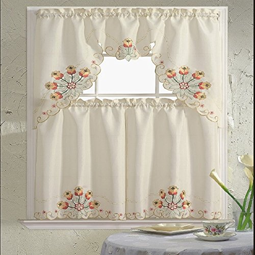 B&H Home Jackie Floral Embroidered 3-Piece Kitchen Curtain Window Treatment Set (Jackie Orange)