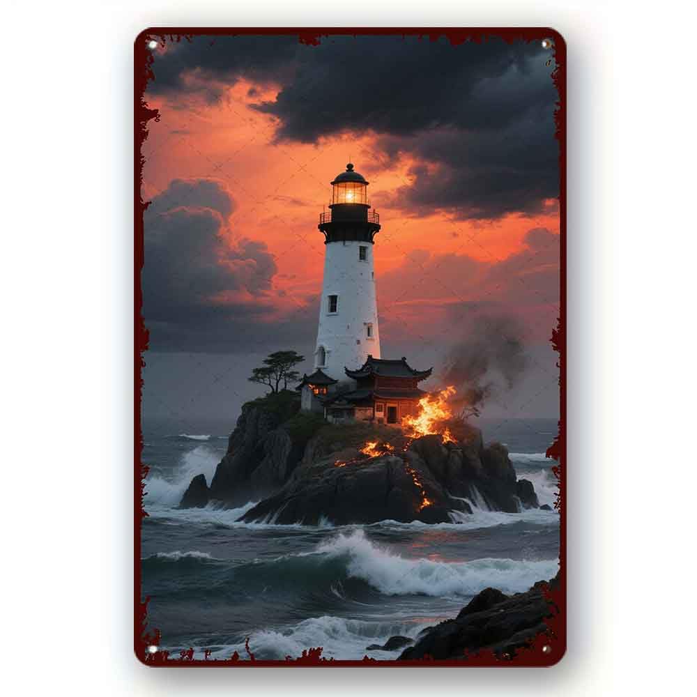 peiyeety Creative Metal Tin Sign Lighthouse in the storm Fun Home Home Bathroom Patio Bar Cafe Tin Sign 8x12 Inch