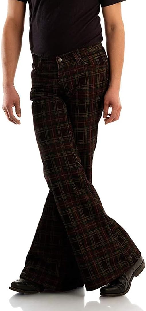 Men's Checked Corduroy Vintage 70s Bell Bottom Stretch Fit Classic Comfort Flared Flares Retro Leg Disco Pants Trousers - Image 2