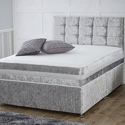 Silver Divan Bed with Orthopaedic Mattress, Headboard (4ft6 Double) - NO Drawers - Crushed Velvet-