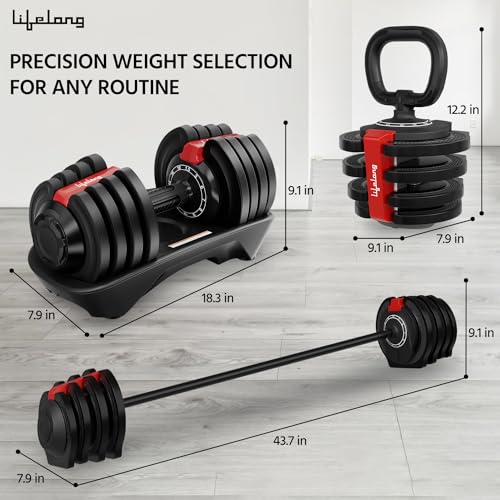 Image of Lifelong Iron 3 In 1 Adjustable Dumbbell-1.5 Kg-18 Kg Weight Adjustment,2 Kg-19 Kg Barbell Extension,1 Kg-10 Kg Kettlebell-Easy Adjustments-Fitness Workout Home Gym Equipment For Men&Women,Black