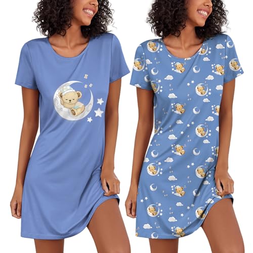 Image of Ekouaer 2 Pack Nightgowns for Women Sleepshirt Short Sleeve Night Shirts