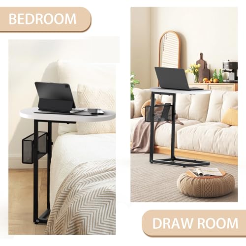 Image of Fashion TV Tray Table with Large Tabletop, Adjustable Sofa Table with Storage Baskets, Strong Metal Frame, Tv Dinner Tray Table for TV Watching, Meals, Snacks (Oval, White, 16.93inch x 12.6inch)