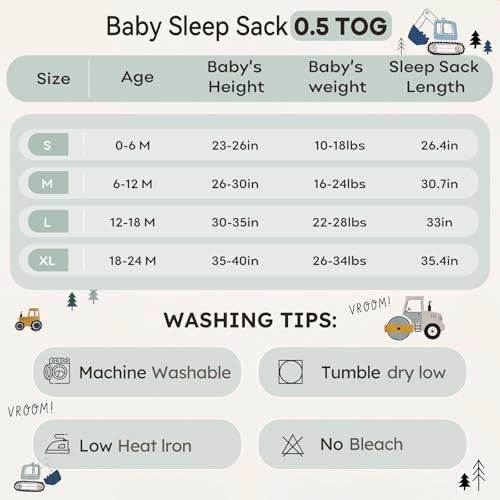 Image of Unnivoll Baby Sleep Sack 18-24 Months 0.5 Tog Baby Wearable Blanket 100% Cotton Sleeping Sack with 2-Way Zipper for Toddler Infant White Green Excavator