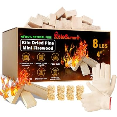 KoleSummit Mini Fire Stick with Fire Starters Gloves 4" Kiln Dried Pine Small Barkless Kindling Logs Compatible with Wood Stoves, Tabletop Fire Pits, BBQ Grills & Pizza Ovens, 8 lb Box