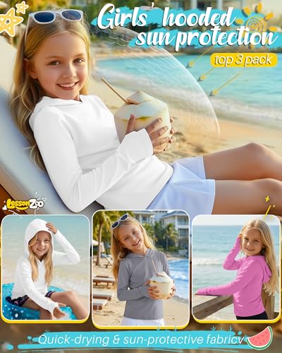 Image of 3 Pack Girls Sun Protection Swim Shirts UPF 50+ Long Sleeve Rash Guard Lightweight Quick Dry Hoodies with Thumbhole