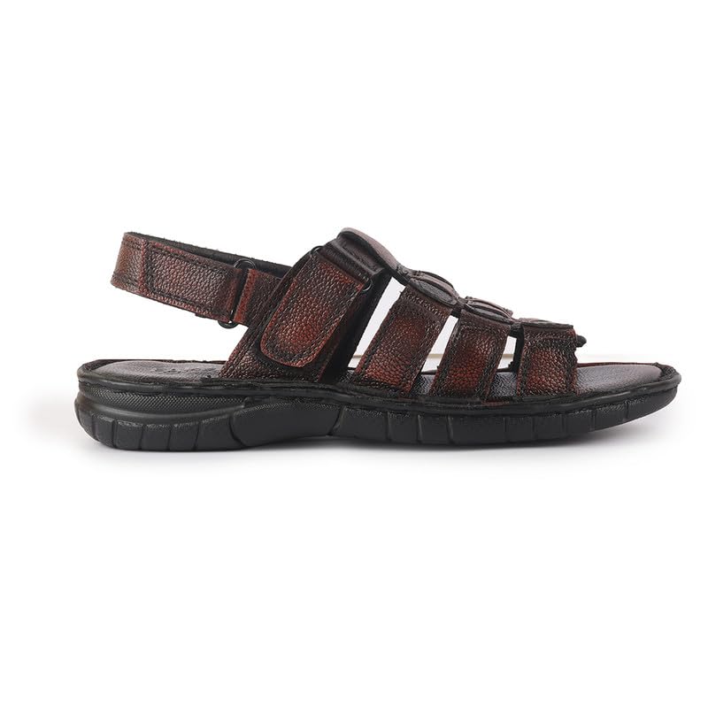 Image of FAUSTO Men Genuine Leather Multi Strap Open Toe Broad Feet Roman Sandals with Adjustable Back Strap | Slip Resistant Lightweight Sole