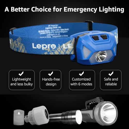 Image of Lepro 320015 Battery Powered Headlamp - 1300Lux Super Bright LED Head Lamp with Red Light, IPX4 Waterproof Headlights for Outdoor Camping, Hiking, Hunting, Power Outages, Emergency, Hurricane - Blue