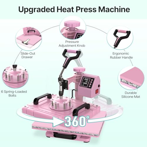 Slendor 5 in 1 Heat Press Machine 12x15 inch Sublimation Heat Press 360° Swing Away Heat Transfer Digital T-Shirt Pressing with 30OZ 20OZ Tumbler Press, Multifunction Combo for Hat Cap Plate