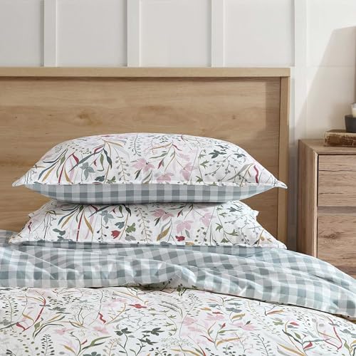 Image of Eddie Bauer - King Comforter Set, Reversible Cotton Bedding with Matching Shams, Classic Floral Home Decor with Plaid Reverse (Woodland Forest Grey, King)