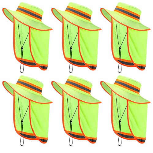Jexine 6 Pcs Reflective Safety Hat High Visibility Neck Flap Boonie Hat Wide Brim Work Hats Breathable Bucket Cap for Worker (Yellow)