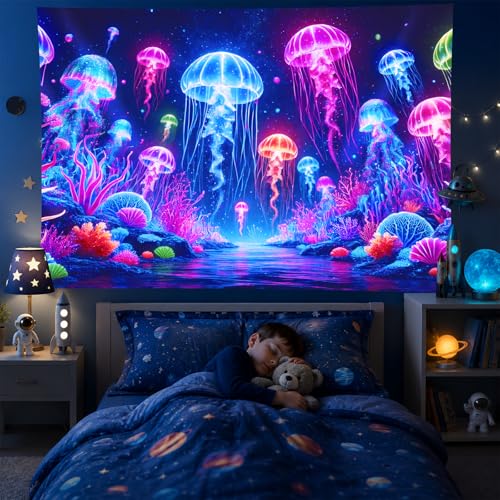 Image of BlissYard Blacklight Jellyfish Tapestry UV Reactive Neon Jellyfish Wall Hanging Tapestry Glow in The Dark Fantasy Ocean Underwater Tapestry for Bedroom Party Backdrop Living Room 59 X 78 inch