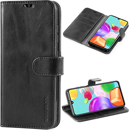 Mulbess Handyhülle für Samsung Galaxy A41 Hülle Leder, Samsung Galaxy A41 Handy Hüllen, Vintage Flip Handytasche Schutzhülle für Samsung Galaxy A41 Case, Schwarz