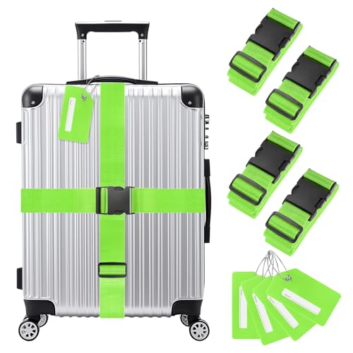 Image of M METERXITY 4-Sets Luggage Straps TSA Approved, Travel Straps for Luggage Suitcase Tags Set, Adjustable Suitcase Belt [Bright Green]