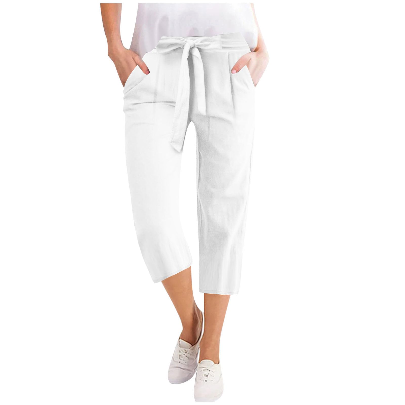 Womens White Cotton Linen Pants 2025 High Waisted Wide Leg Drawstring Casual Loose Trousers with Pockets