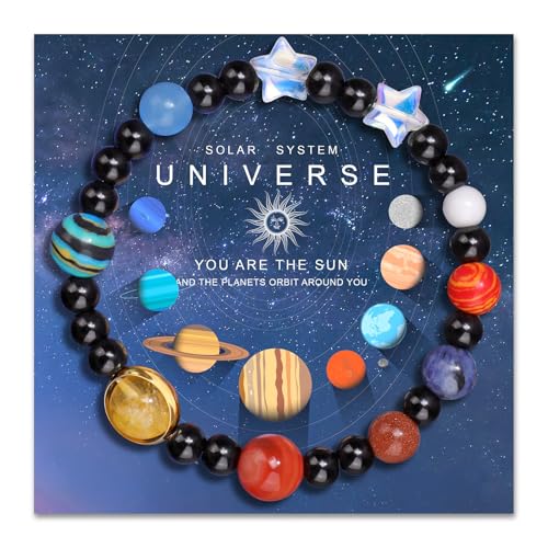 Solar System Eight Planets Guardian Star Bracelet Cosmic Jewelry with Natural Chakra Stones Adjustable Stretch Crystal Bracelet for Men Women Gift for Space Lovers