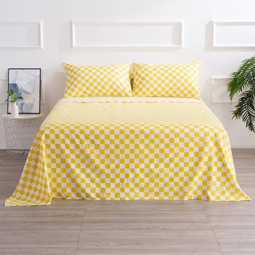 Image of Best Season Queen Size Sheet Set 4 Piece -Microfiber Soft Durable Bedding Sheet Set,Deep Pocket,Stain,Fade & Wrinkle Resistant (Plaid Yellow&White)