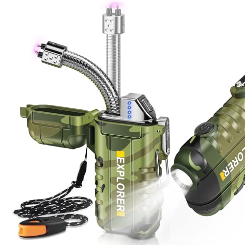 Lafagiet Elektrisches USB C Wiederaufladbares Feuerzeug mit LED-Batterieanzeige & Taschenlampe, Wasserdicht, Winddicht, 360° Flexibler Lichtbogen...