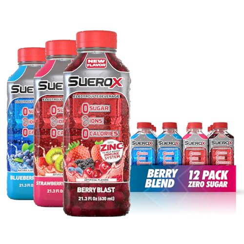 SueroX Sugar-Free Sports Drink for Hydration and Recovery, Electrolyte Hydration Drink with 8 Ions, Zero Calorie Sports Drinks with Electrolytes, Berry Blend Pack, 21.3 Fl Oz, 12 Count