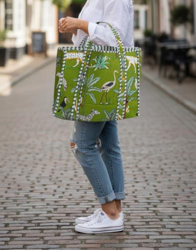 Image of Cotton Tiger Block Print Tote Bag, Indian Handmade Shopping Shoulder Bag, Unisex Market Daily Use