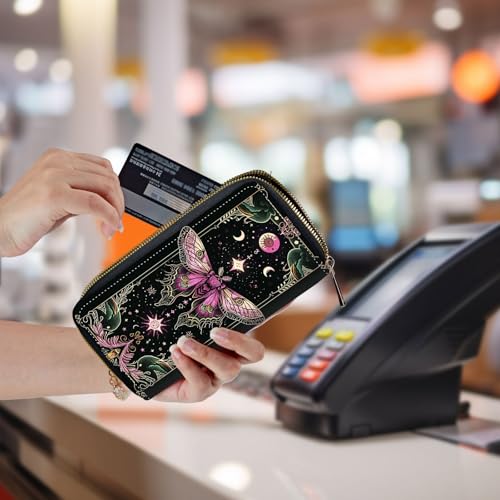 Wallet,Leather Long Wallet Suitable For Ladies And Teenagers - Detachable Wristband + RFID Travel Wallet With Card Slot - Floral Moon Moth 5