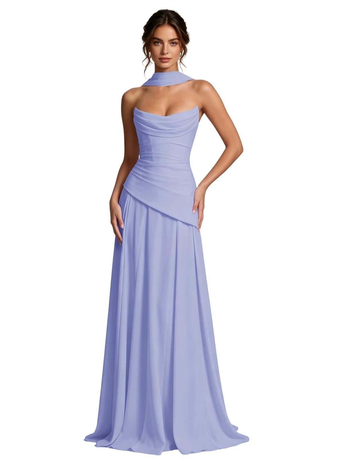 Vestidos largos de gasa sin tirantes para dama de honor para boda con bufanda, morado, 36 | Vestido de fiesta de noche, plisado, acampanado, formal, vestido largo para invitada de boda