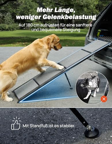 JOYTUTUS klappbare Hunderampe für Autos, SUVs und LKWs, 90kg Belastbarkeit, geeignet für große, mittelgroße und kleine Haustiere(180 x 44 cm ),Aluminiumrahmen